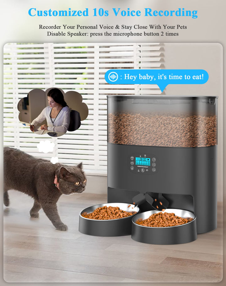 Automatic Cat Feeder, 6L Pet Feeder for 2 Cats &amp; Dogs, Auto Cat Dry Food Dispenser with Desiccant Bag, Timer Feeder Portion Control 1-6 Meals per Day, Dual Power Supply, Voice Recorder