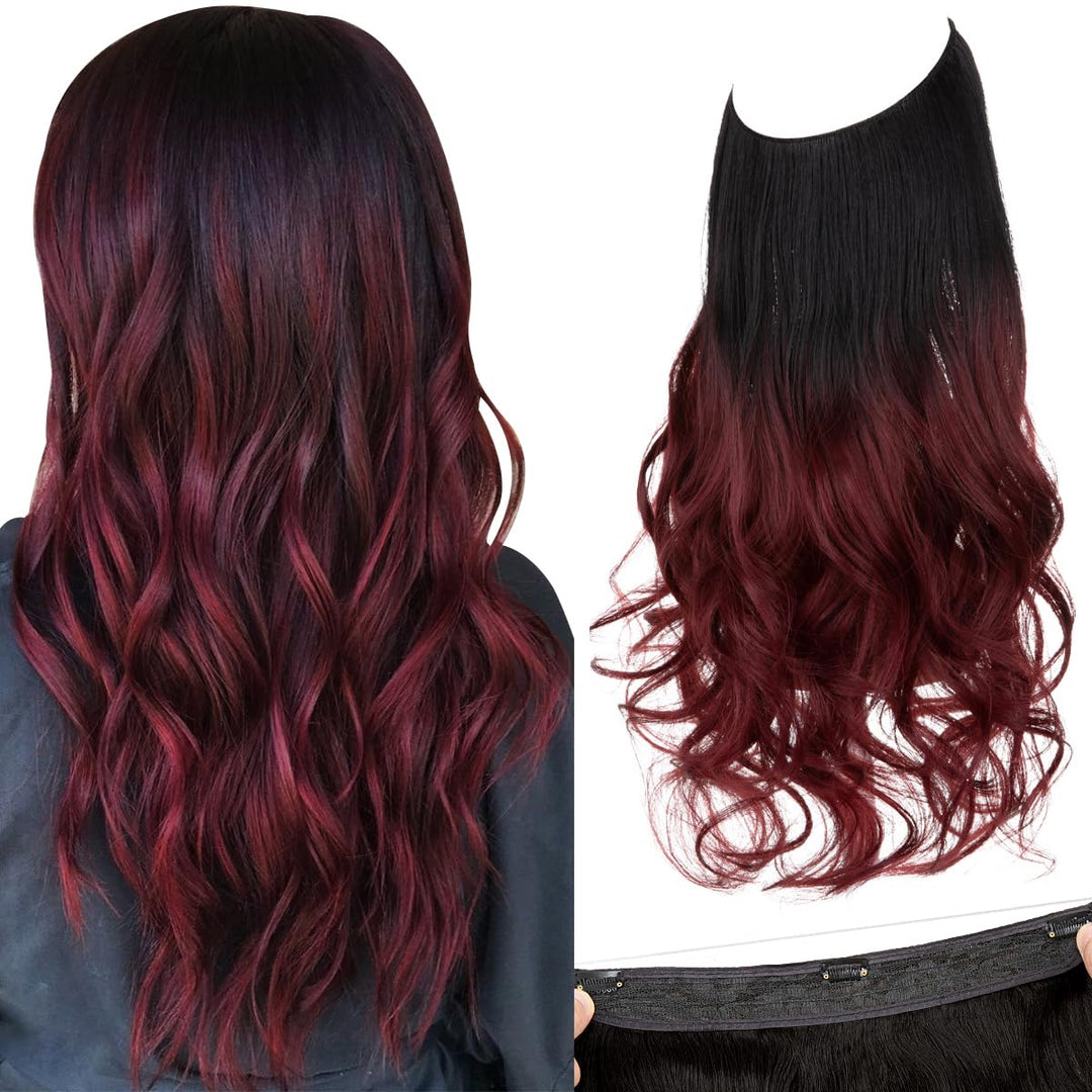 14 16 18 4.3oz Synthetic Wavy Halo Hair Extension Natural Hairpieces No Clip No Glue No Tape M01 (18 wave,#118 Wine Red)