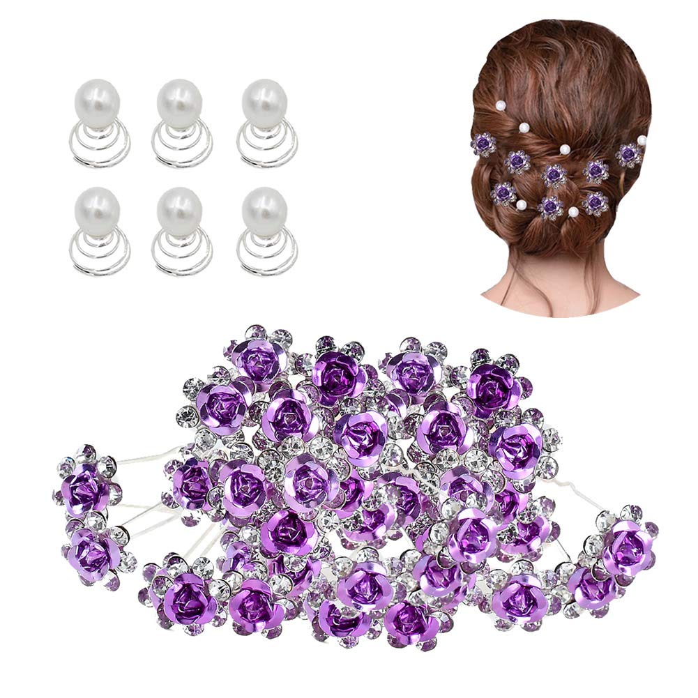 Purple Set: Insowni 40Pcs Bridal Wedding Rhinestone Rose Flower U-Shaped Hair Pins &amp; 6Pcs Twist Pearl Hairpins Headpiece Set In Gift Box For Women Girls Bridesmaid (Purple Set)