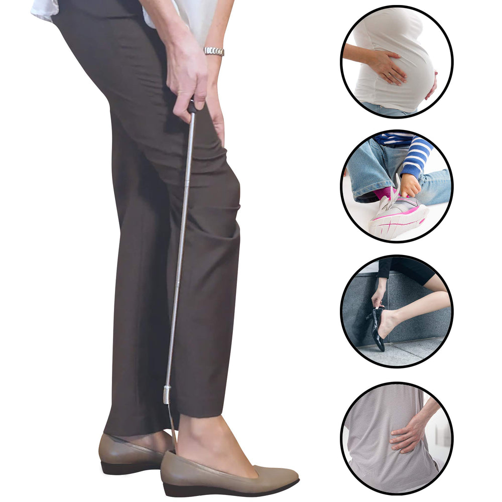 FootMatters Long Handled Metal Expander Shoe Horn Flex Spring End - Extendable & Collapsible 16 to 31 - Stainless Steel Strong - Light & Easy to Carry and Stow - 100% Money Back Guarantee