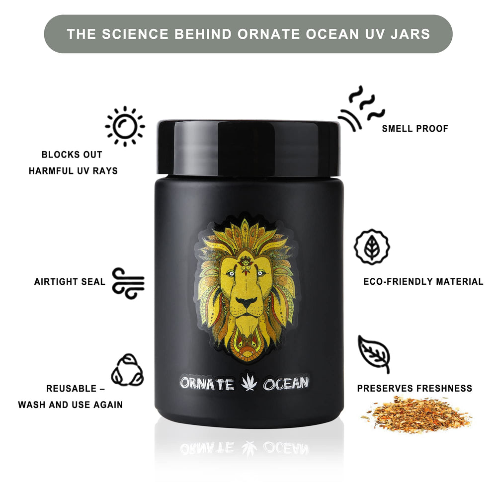 4-Pack 250ml UV Glass Stash Jars Lion King - 4 Piece Set Multipurpose Storage Containers - Convenient Airtight Smell Free Screw Top Lid Jars Preserves and Secures Your Herbs