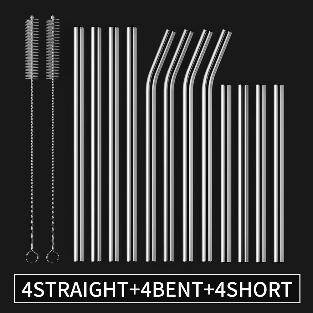 12-Pack Reusable Glass Straws ,4 Pack Straight 8''x10 MM+ 4 Pack Bent 8''x10 MM+4 Pack Short 5”x10 MM with 2 Cleaning Brush- Perfect For Smoothies, Tea, Juice