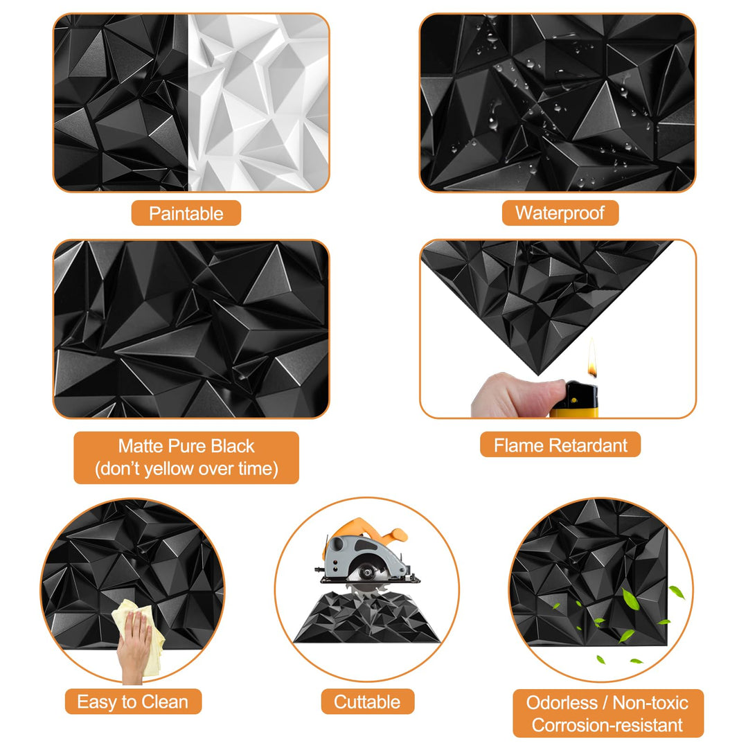 Acoustic Sound Diffuser Panels, 19.7 X 19.7 X 1 inches 12 Pcs Black PVC Plastic 3D Wall Panel, Recording Studio Acoustical Treatment Diffusion panel, Art Decorative Ceiling Tiles