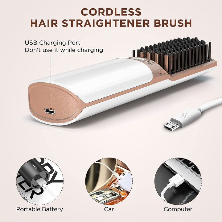 IHHAIR Hot Hair Straightener Brush,Portable Mini Cordless Hair Straightener with Travel Size USB Rechargeable 6400MAH,2 in 1 Hot Comb Hair Straightener for Women &amp; Men with Short Hair(White)