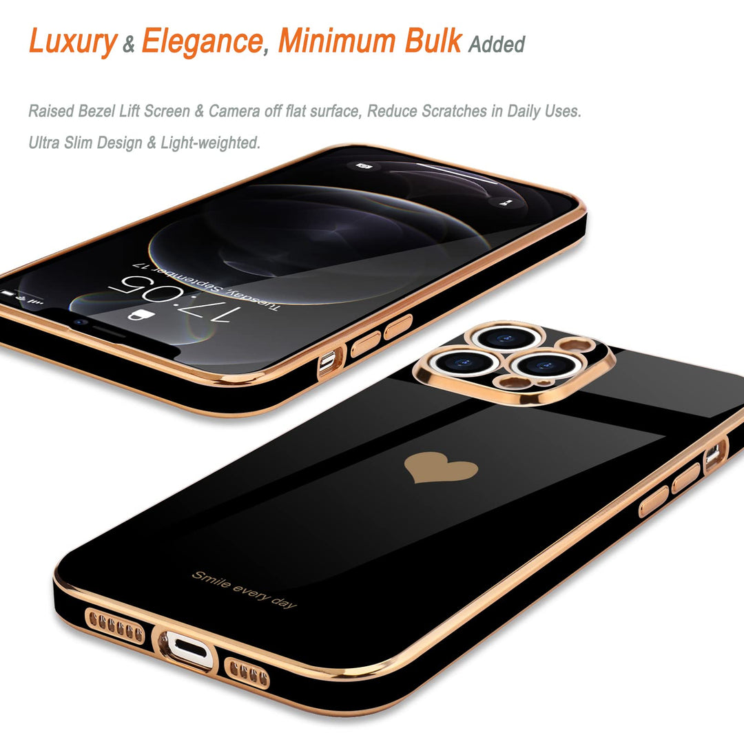 for iPhone 12 Pro Case for Women Girl Cute Love-Heart Luxury Bling Plating Soft Back Cover Raised Full Camera Protection Bumper Silicone Shockproof Phone Case for iPhone 12 Pro, Black