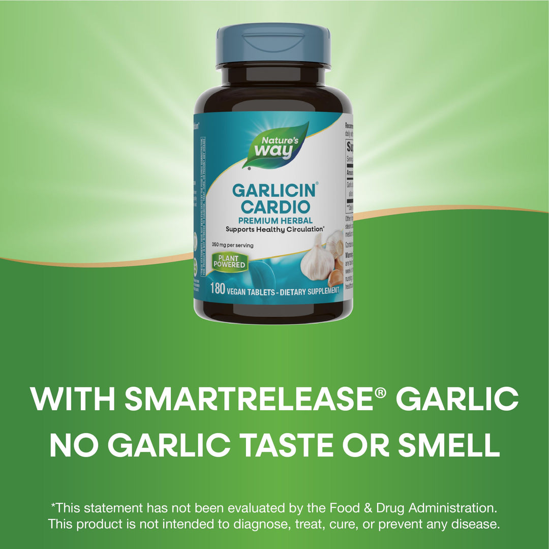 Nature&#39;s Way Garlicin Cardio, Premium Herbal, Supports Healthy Circulation*, No Garlic Taste, Vegan, 180 Tablets (Packaging May Vary)