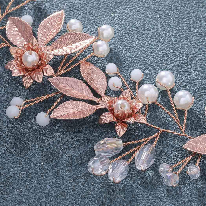 Bride Flower Wedding Hair Vine Rose Gold Leaf Bridal Headband Pearl Hair Accessories for Women and Girls