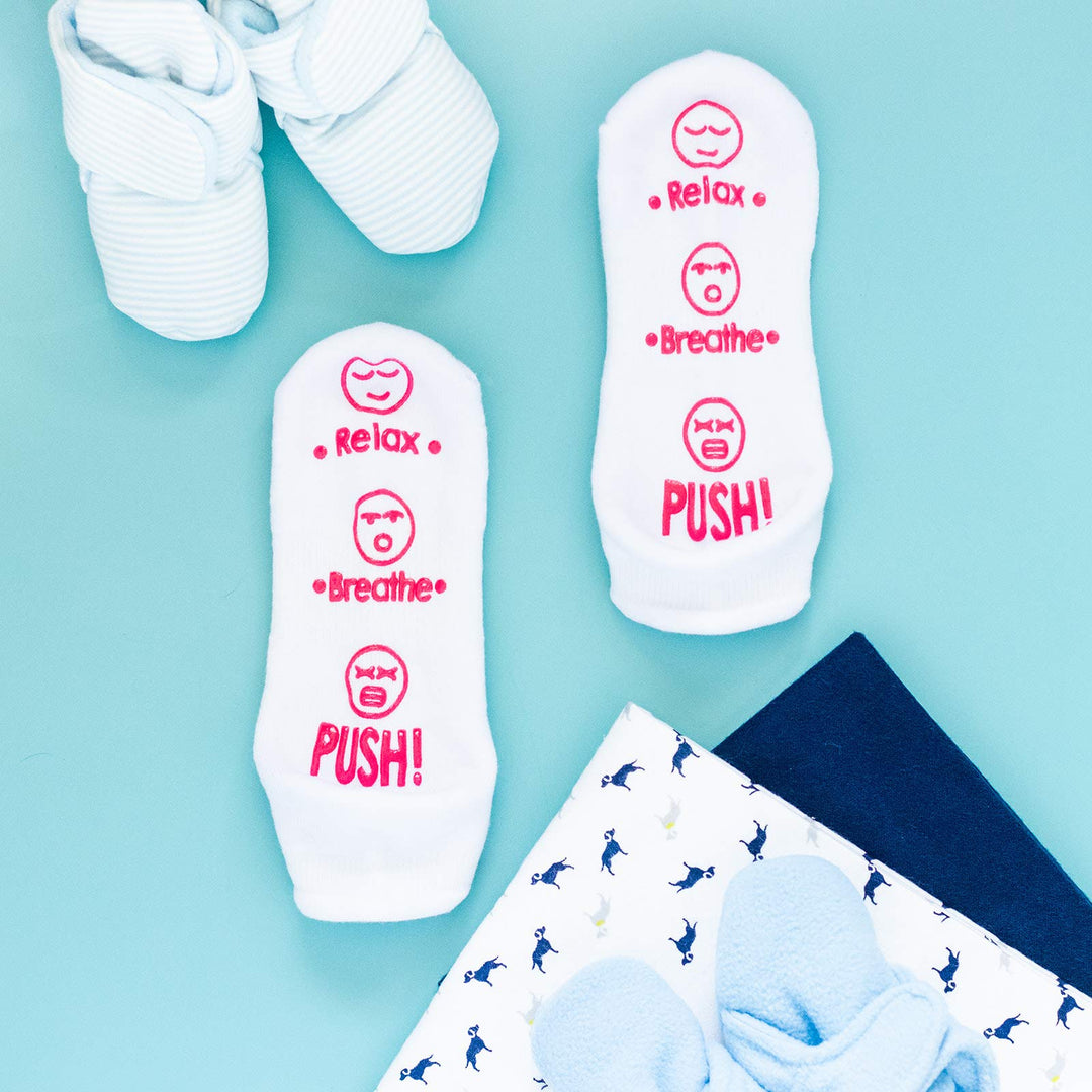 Labor and Delivery Socks - Funny Push Gift for New Mom to Be (Relax, Breathe, Push)