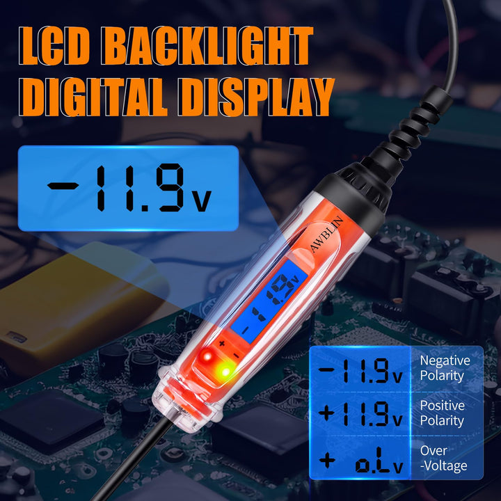 Automotive Test Light 3-72V DC Digital Light Tester with Voltmeter, Heavy Duty Auto Circuit Tester with LCD Backlight Display and LED Indication, Electric Test Pen with Illumination