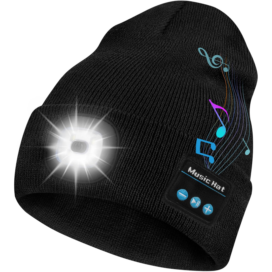 Bluetooth Beanie Hat with Light, Headlamp Cap with Headphones and Built-in Speaker Mic, Gifts for Men Women Teen Black