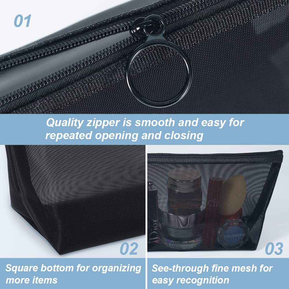 Black Mesh Makeup Bag, 4pcs Travel Cosmetic Pouches with Zipper Toiletry Organizer Case for Purse Diaper Bag Tote Bag