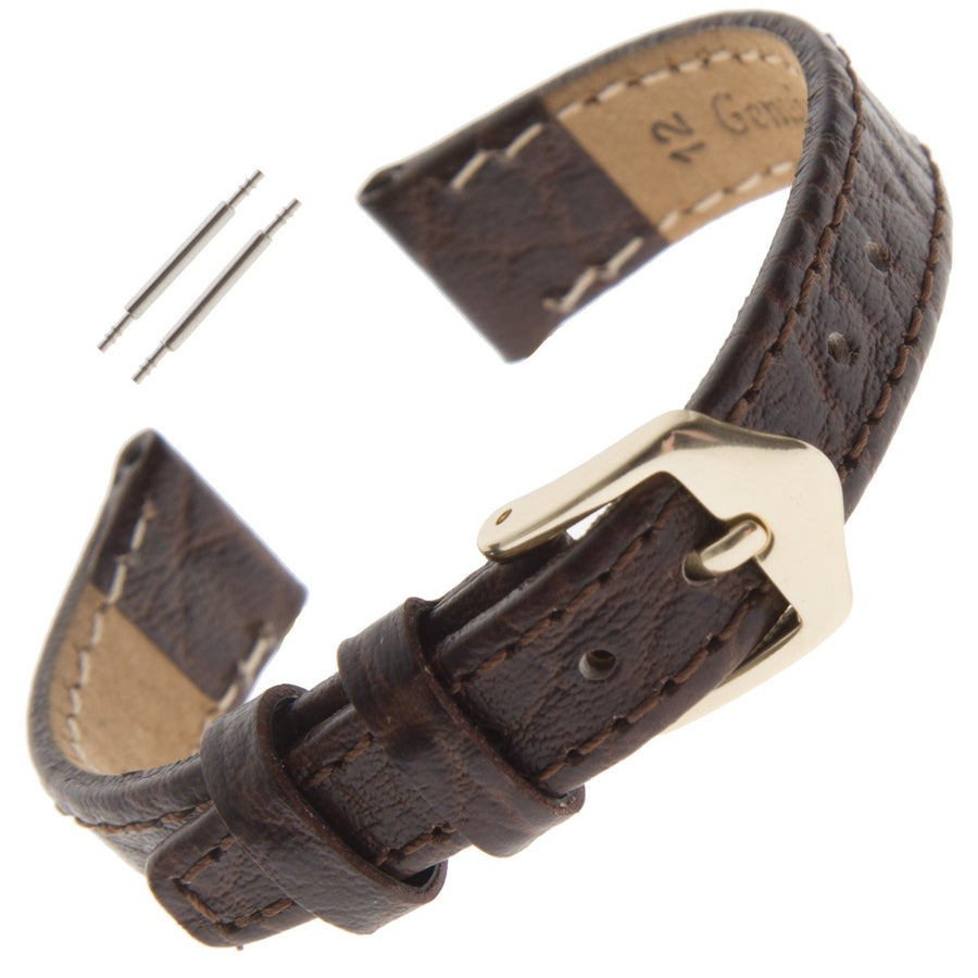 10-13mm Ladies Flat Stitched Distressed Leather Calfskin Watch Strap FS52-0212 (12 millimeter end width, Brown, Gold-Tone Buckle)