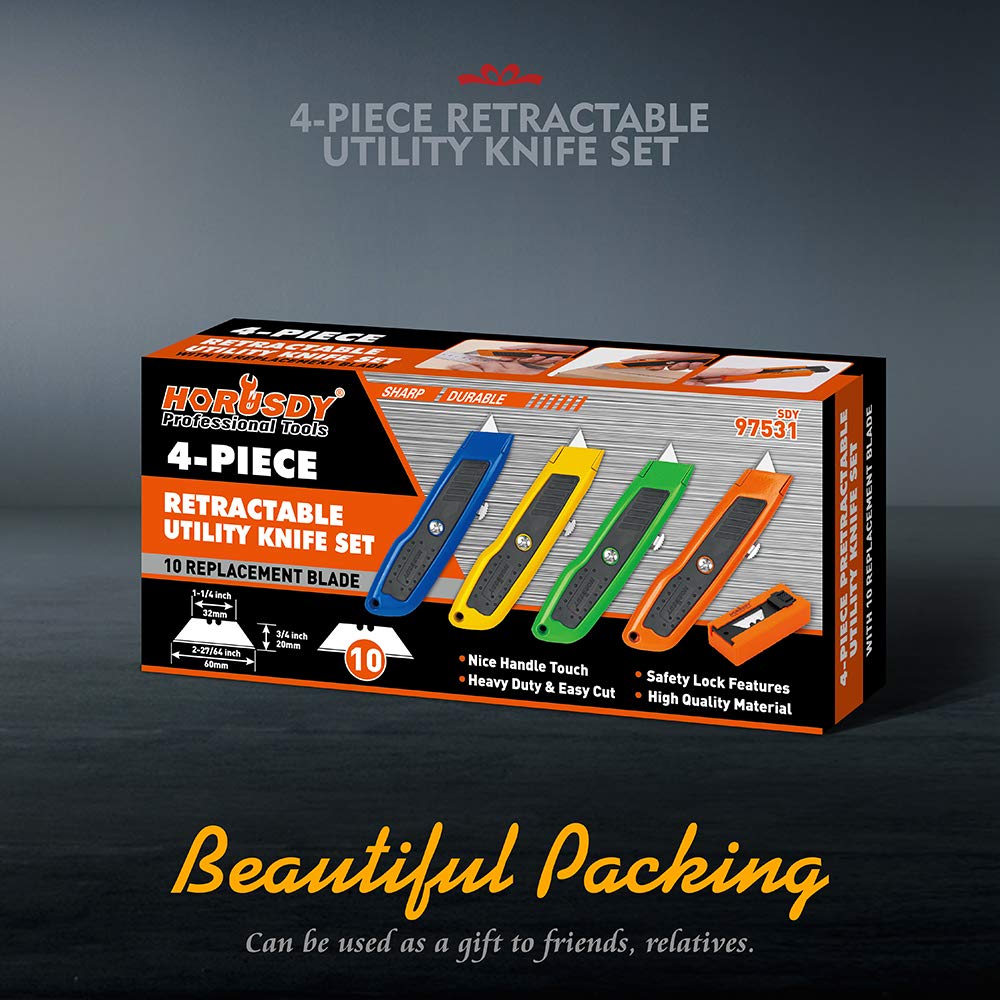 4-Pack Box Cutter Utility Knife, Heavy Duty Aluminum Shell Retractable Box Cutter for Cardboard, Boxes and Cartons, Extra 10 Blades