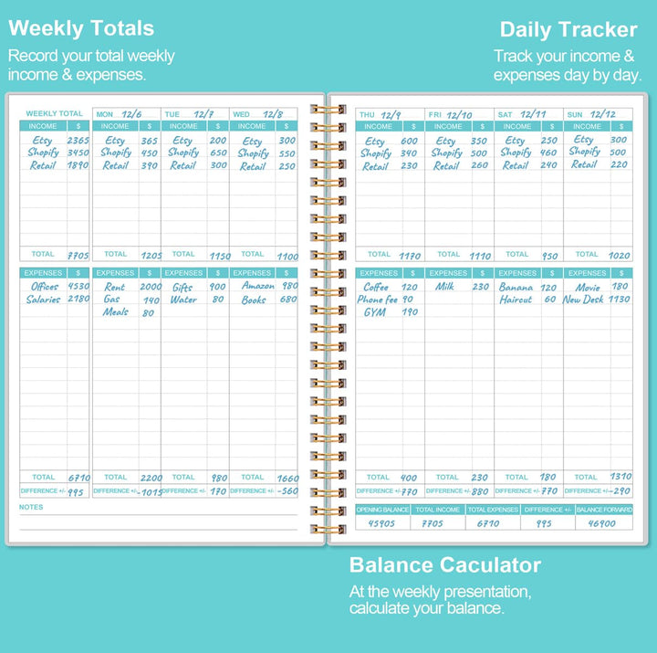 Income &amp; Expense Log Book - Income and Expense Ledger Book for Small Business, 60 Sheets(120 Pages) Accounting Bookkeeping Tracking Ledger Log Book for Woman and Man, 5.8 x 8.5,Teal