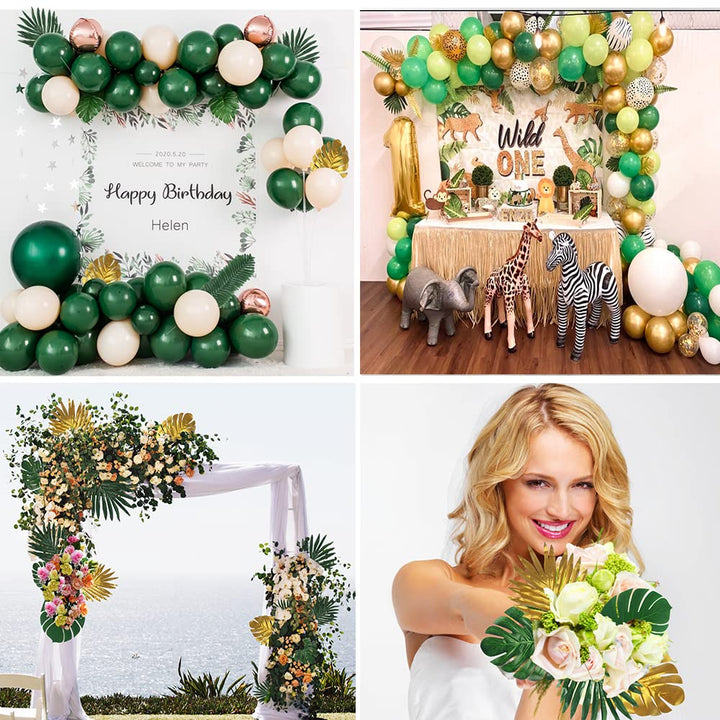 74 Pieces 9 Kinds Artificial Palm Leaves Golden Tropical with Stems Safari Jungle for Hawaiian Luau Party Beach Baby Shower Wedding Birthday Decorations (LYS01)