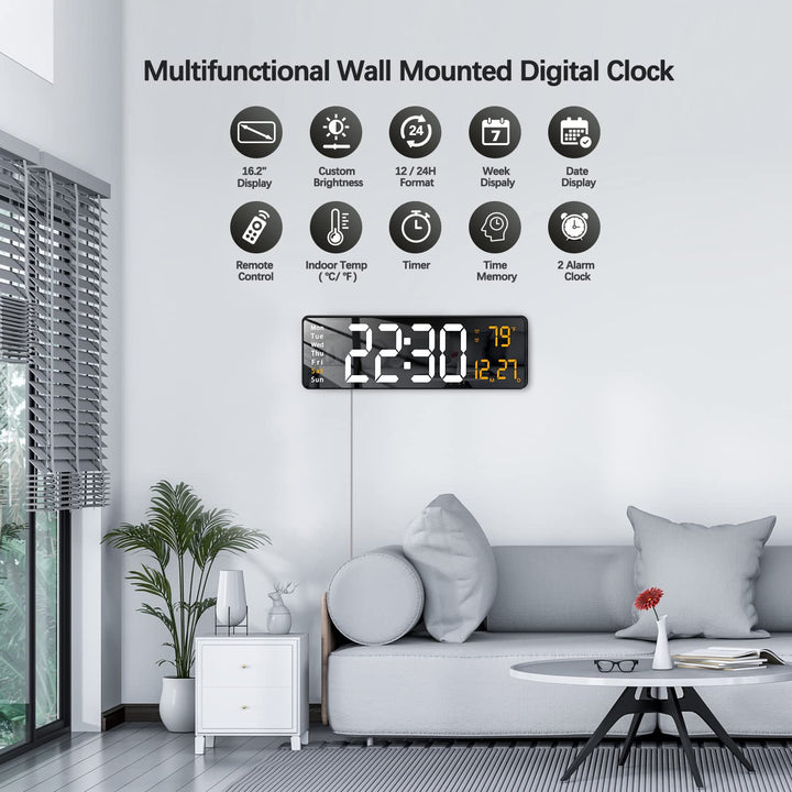 Modern 16 Large Digital Wall Clock with Remote Control, LED Display, Auto-Dimming, Countdown, Temperature, Calendar - 12/24Hr Format - Silent Wall Clock for Home, Office, or Gym Use (Orange)