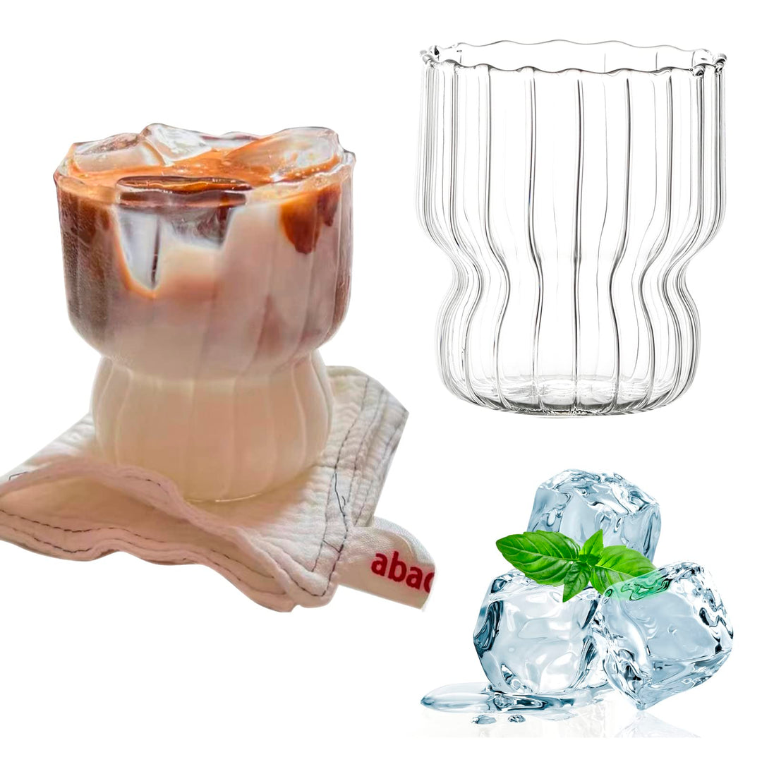 2 Pcs Ripple Drinking Glasses Set - 8.8 oz Modern Kitchen Vintage Wavy Drinking Glasses- Unique Origami Ribbed Glassware For Weddings, Cocktails, Glass Cup Coffee Mug (Ripple)
