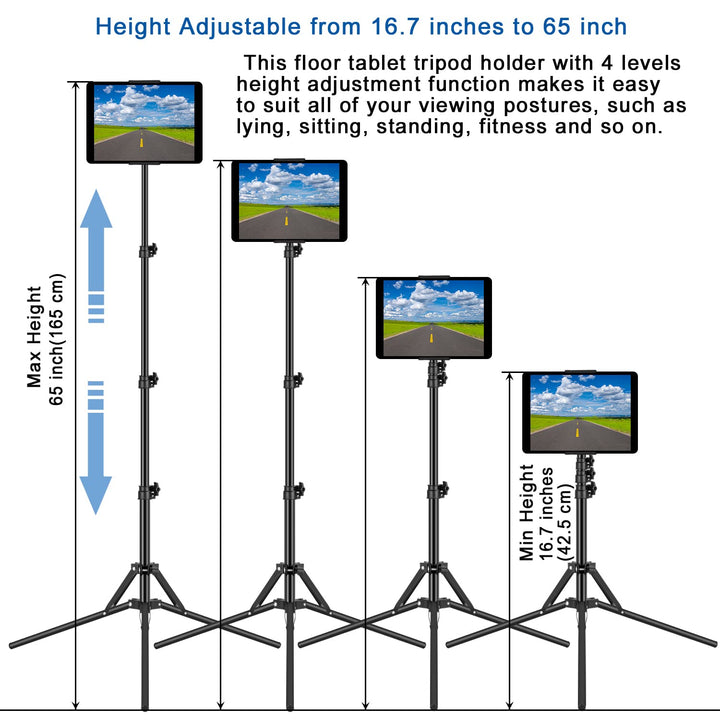 Tripod Floor Stand, with 65 inch Height Adjustable Stand Holder &amp; 360° Rotating iPad Tripod Mount for iPad Pro, iPhone, Kindle, and All 4.5-12.9 Inch Tablets