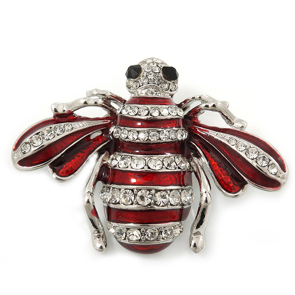 Cute Clear Crystal Burgundy Enamel &#39;Bee&#39; Brooch in Rhodium Plating - 5cm Width