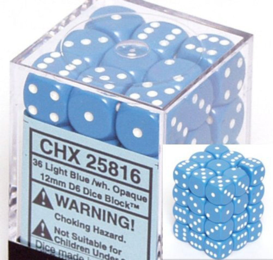 Chessex Dice d6 Sets: Opaque Light Blue with White - 12