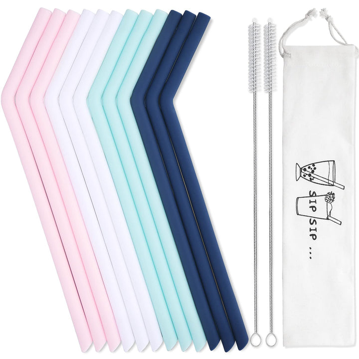 12 Pack Reusable Silicone Drinking Straws with Case - Regular Size - Long Flexible Straws for 20oz and 30oz Tumblers, 2 Cleaning Brushes Included