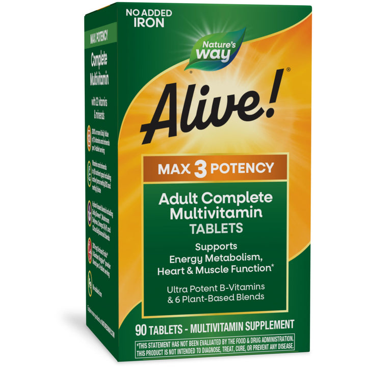 Nature&#39;s Way Alive! Max3 Potency Adult Complete Multivitamin, High Potency B-Vitamins to Support Energy Metabolism*, with Methylated B12 and Folate, No Added Iron, 90 Tablets (Packaging May Vary)