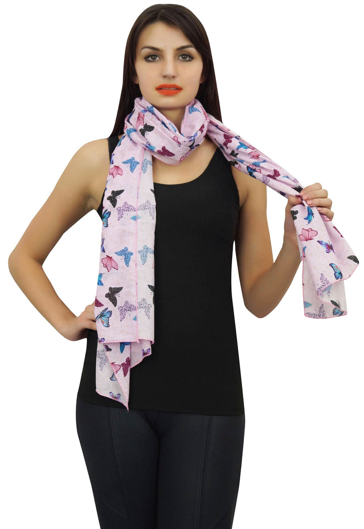 Baby Pink Butterfly Print Women Long Shawl Stole Cotton Voile Scarf