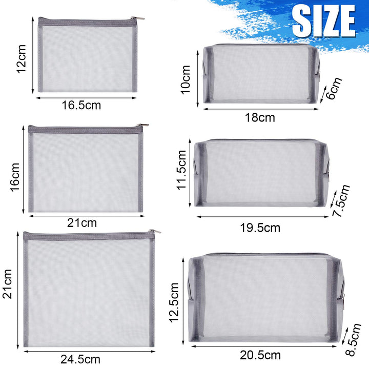 6 Pieces Mesh Makeup Bags Mesh Cosmetic Bag Portable Travel Organizing Zipper Pouch Toiletries Makeup Pouches for Home Office Travel Accessories (Gray)