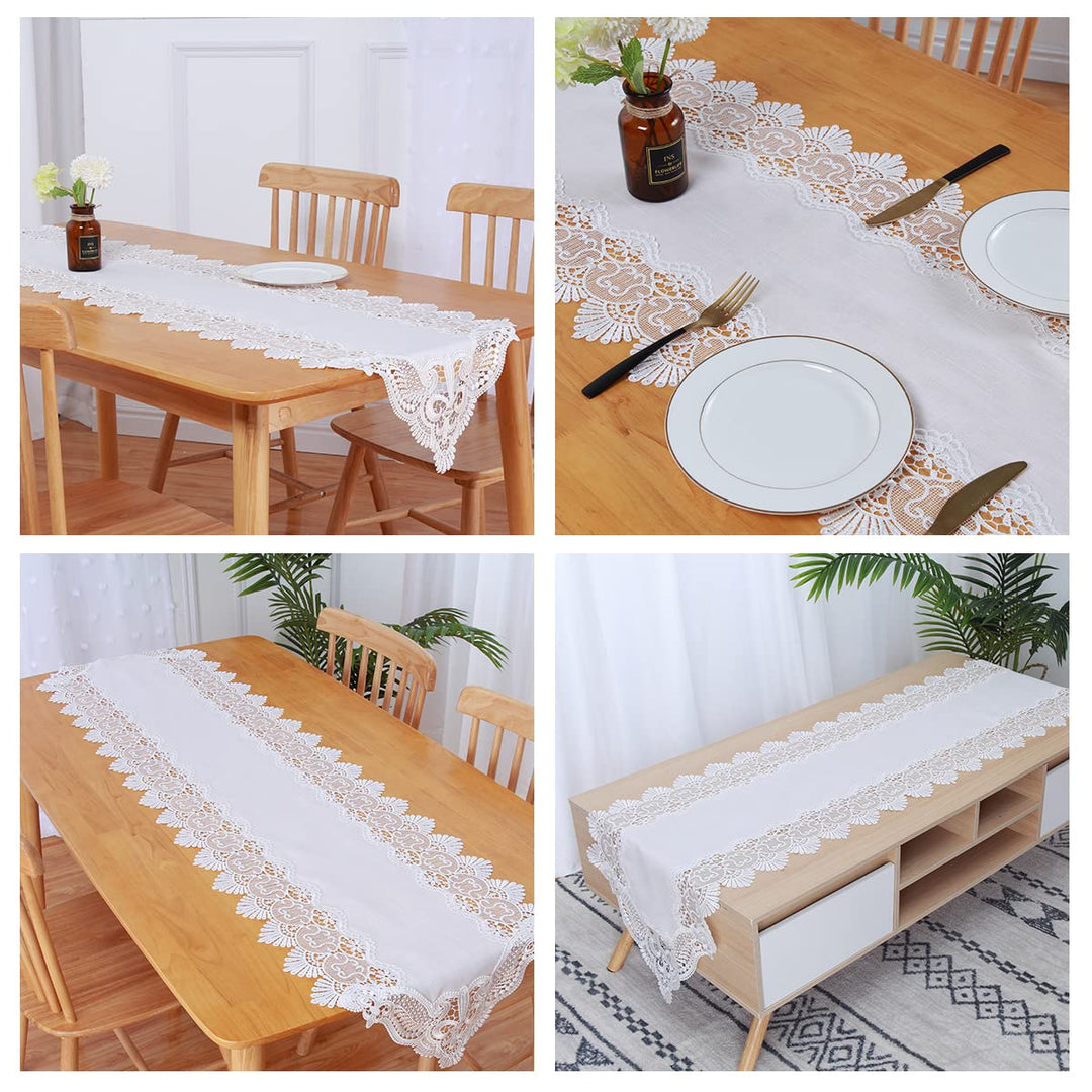 Table Runner Handmade Crochet Lace Flower Table Runner, Decor for Bridal Shower Wedding Party Decorations Long Dinner Tables, White (15.7 x 70 Inch)