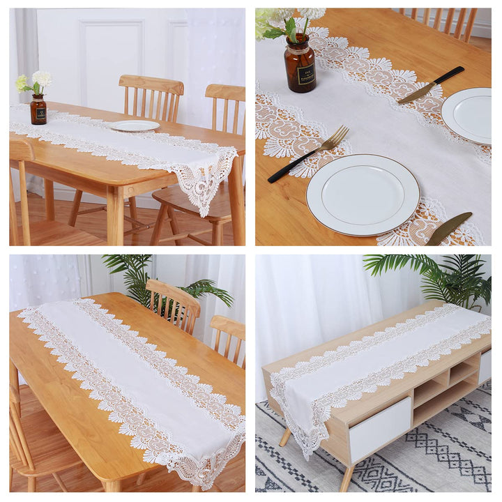 Table Runner Handmade Crochet Lace Flower Table Runner, Decor for Bridal Shower Wedding Party Decorations Long Dinner Tables, White (15.7 x 70 Inch)