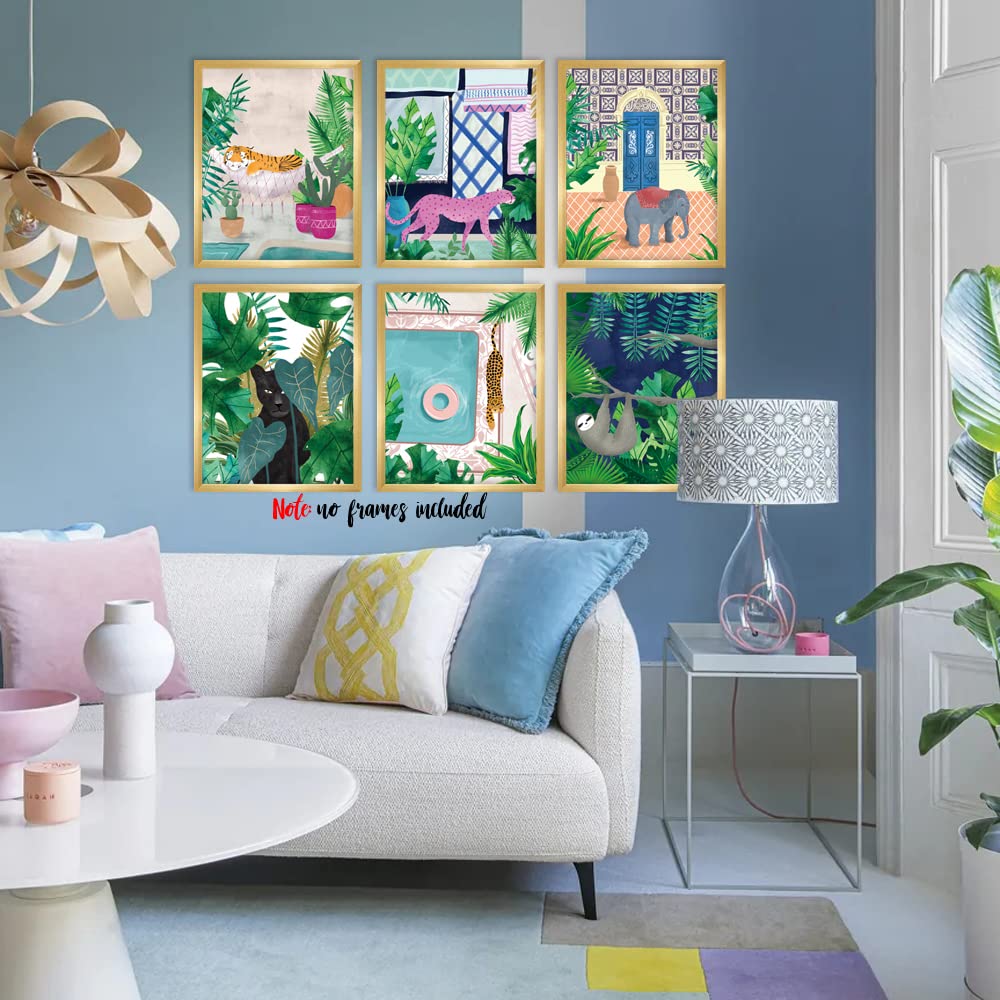 Moroccan Jungle Animal Wall Art Print - Leopard Tiger Bear Elephant Sloth Canvas Print - Forest Animal Tropical Plant Artwork for Kids Bedroom Decor (Set of 6) - Unframed - 8X10 inch
