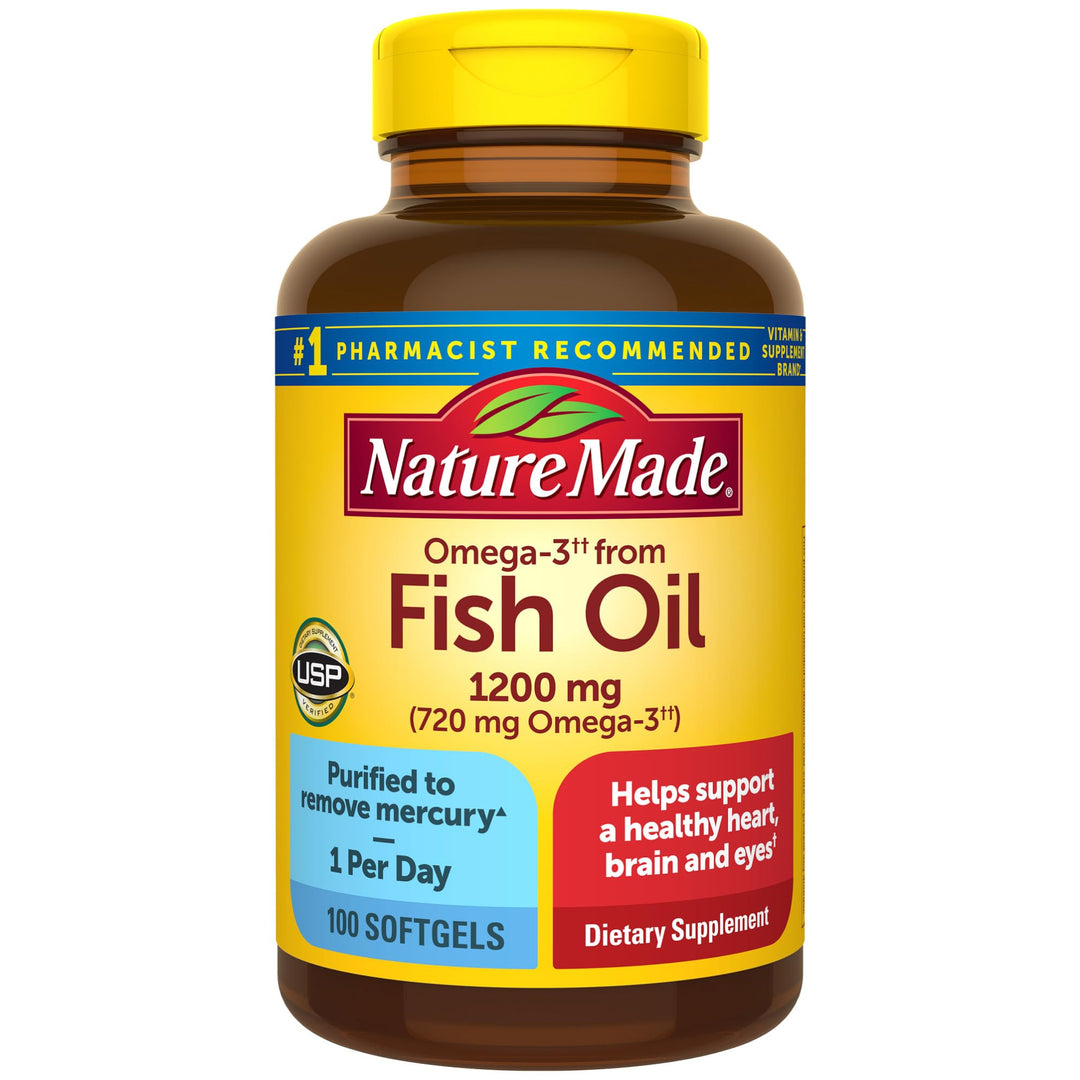 Omega 3 Fish Oil 1200 mg, Fish Oil Supplements as Ethyl Esters, Omega 3 Fish Oil for Healthy Heart, Brain and Eyes Support, One Per Day, Omega 3 Supplement with 100 Softgels