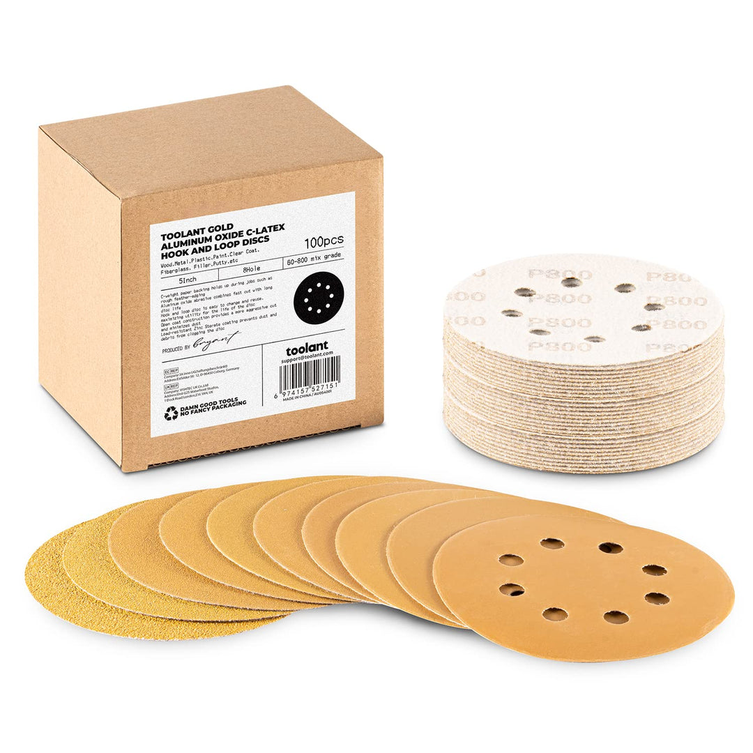 5 Inch Sanding Discs Hook and Loop, Assorted Grits 8 Hole Aluminum Oxide Sanding Discs for Random Orbital Sander - 100 Pack (60-800 Grit) by toolant