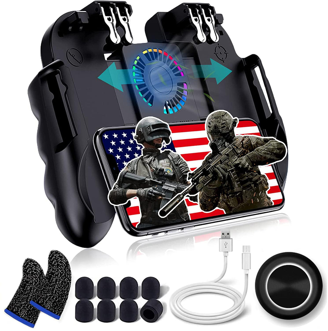 4 Trigger USB Mobile Game Controller with Cooling Fan Adjustable Stand for PUBG/Call of Duty/Fotnite [6 Finger Mode] L1R1 L2R2 Gaming Grip Gamepad