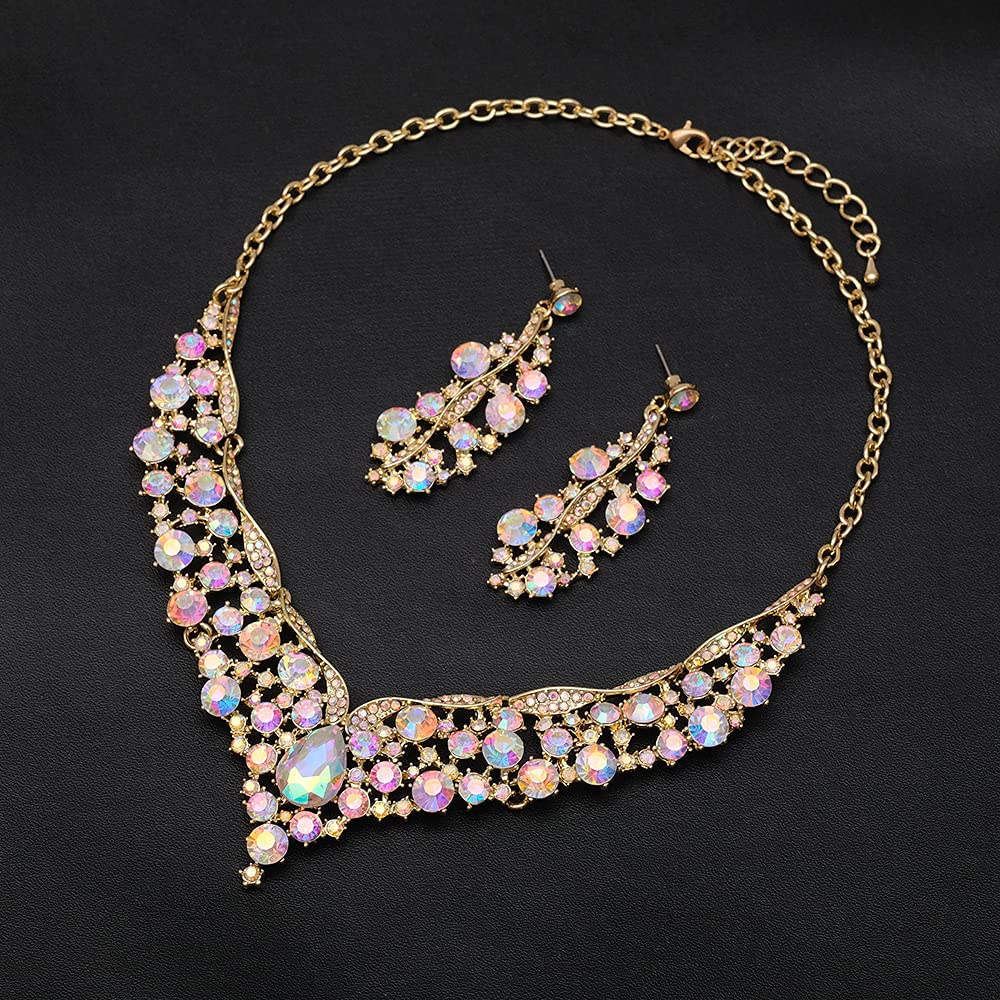 Elegant Austrian Crystal V-Shaped Statement Necklace Earrings Set Bridal Wedding Prom Costume Jewelry For Bride Bridesmaid (AB crystal)