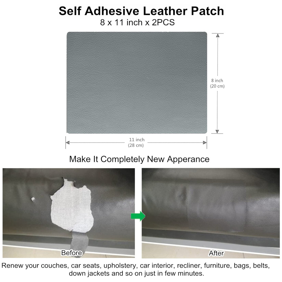 Leather Repair Patch 8x11 inch 2 Pcs, Durable Self Adhesive Vinyl and Leather Repair Kit for Couch, Car Seats, Boat Seats, Sofa, Vinyl Upholstery. - Light Grey