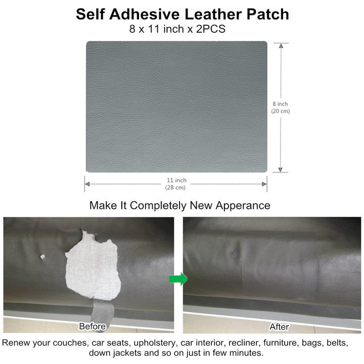 Leather Repair Patch 8x11 inch 2 Pcs, Durable Self Adhesive Vinyl and Leather Repair Kit for Couch, Car Seats, Boat Seats, Sofa, Vinyl Upholstery. - Light Grey