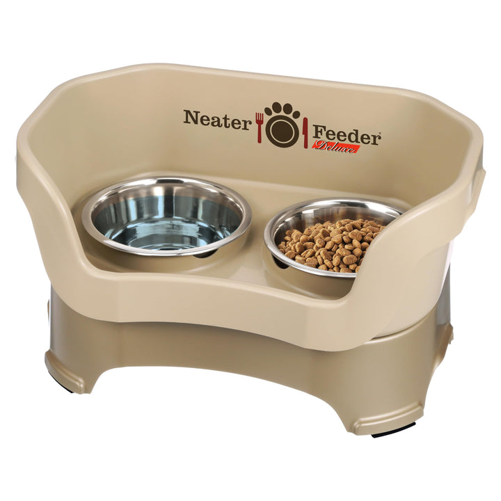 Neater Feeder Deluxe Mess Proof Dog Bowls Elevated Medium Sized Dog Breed – Made in USA – No Spill Raised Dog Food Bowl Stand – Stainless Steel Food and Water Bowl Set, Pet Feeding Station, Cappuccino