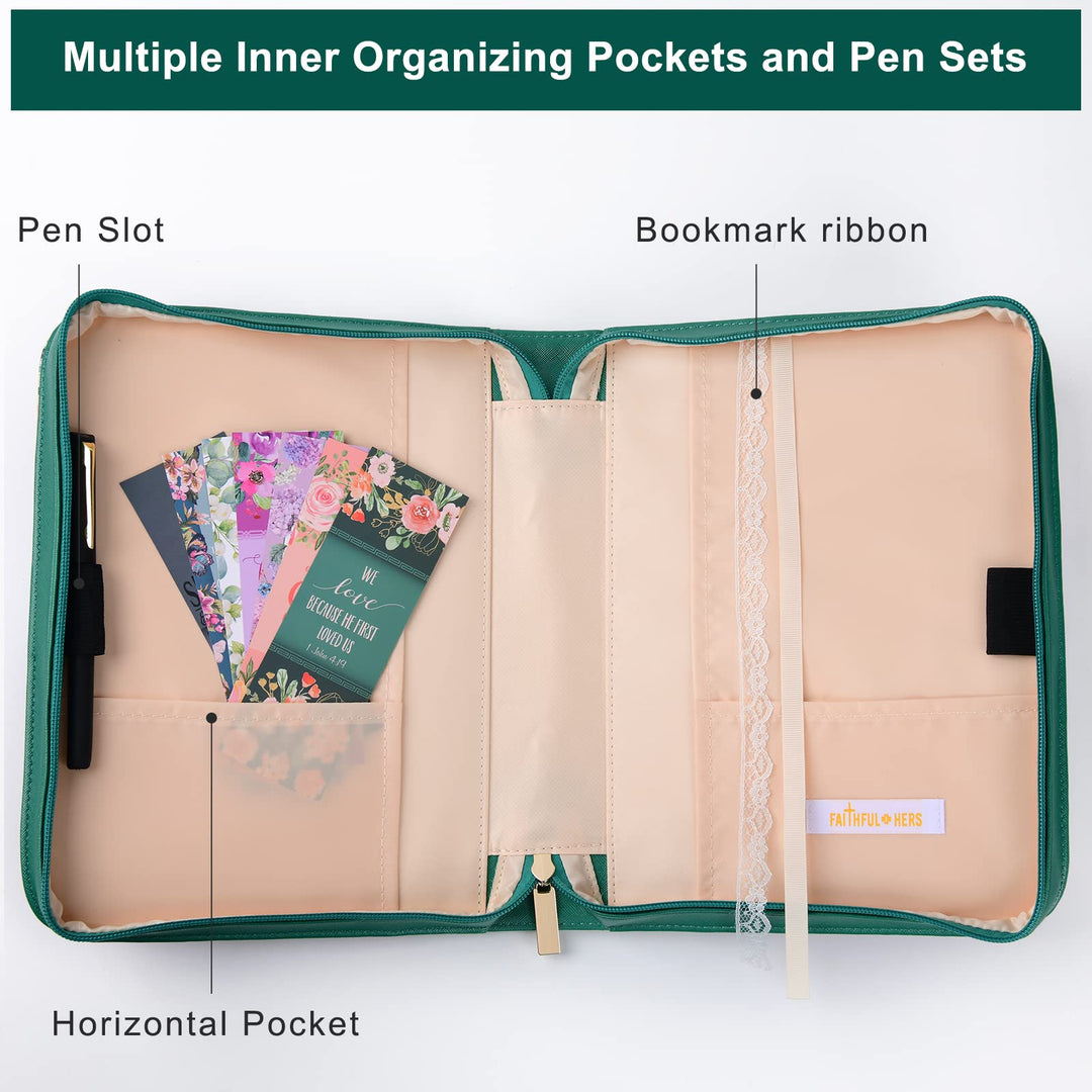 Bible Cover Case for Women with 7 Beautiful Paper Bookmarks Floral PU Leather Bible Cover Bag with Pockets and Zipper for Standard and Large Size Study Bible 10.8x7.8x2 (Dark Green)