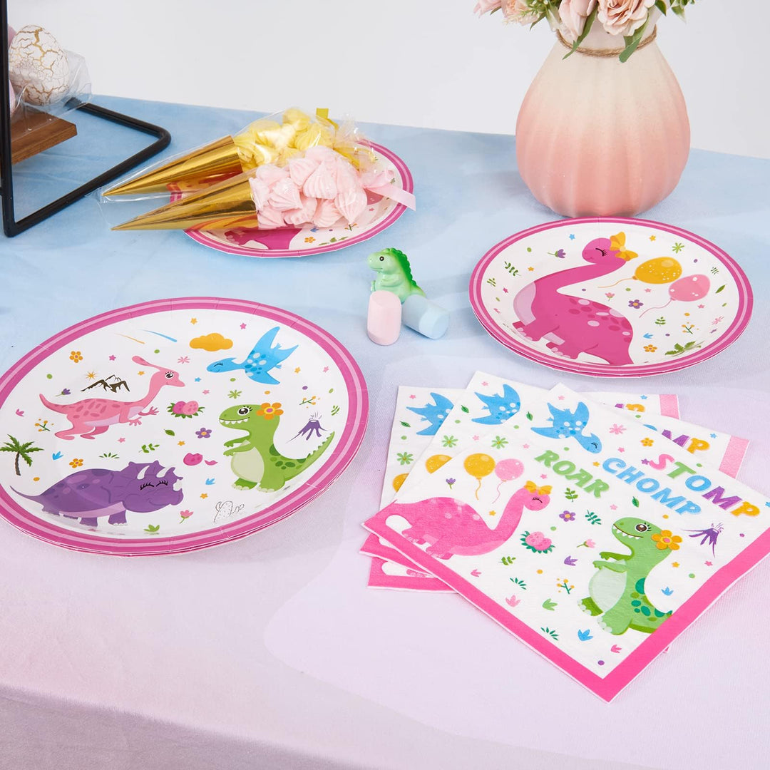 Disposable Dinosaur Plates and Napkins - Dino Party Supplies for Girls Luncheon Dinner Dessert Cake Plates Baby Shower Birthday Party Tableware Kit 48PCS Serves 16 Guests