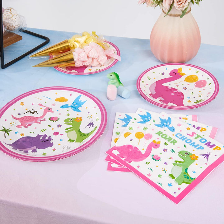 Disposable Dinosaur Plates and Napkins - Dino Party Supplies for Girls Luncheon Dinner Dessert Cake Plates Baby Shower Birthday Party Tableware Kit 48PCS Serves 16 Guests