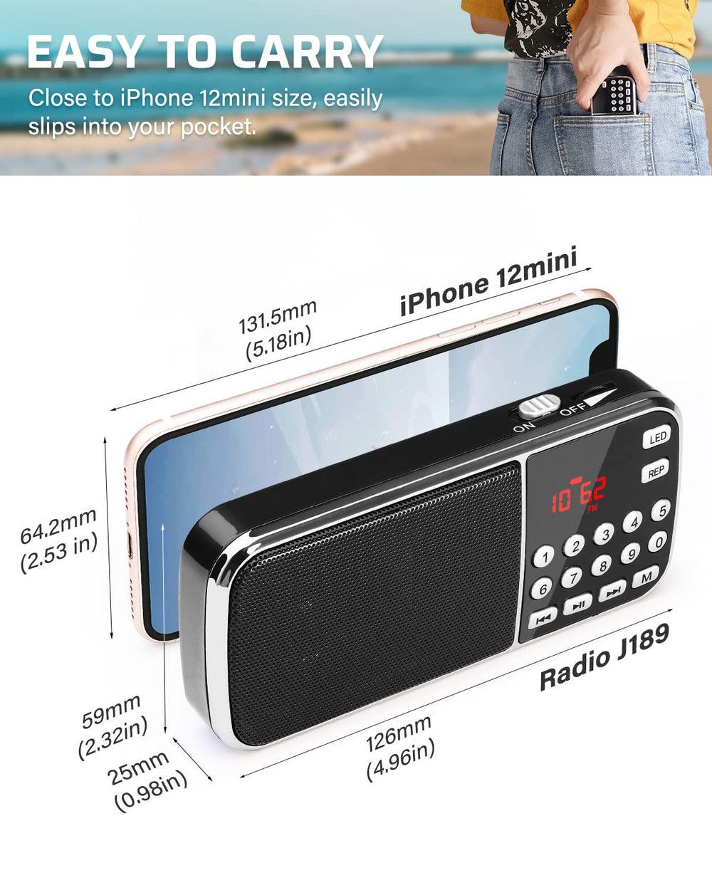 J-189 Bluetooth AM FM Radio, Small Portable Radio - Dual Speaker Heavy Bass, LED Flashlight, Pocket Size, TF Card USB AUX MP3 Player, Rechargeable Battery Operated Small Radio(Black)