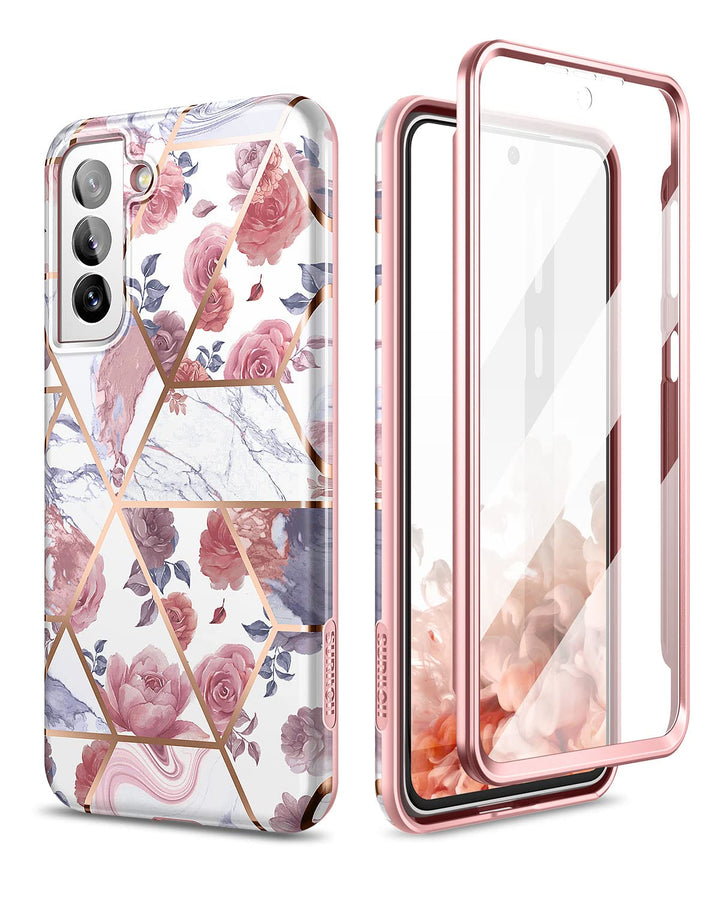Marble Case for Samsung Galaxy S21 FE, [Built-in Screen Protector] Full-Body Protection Shockproof Rugged Silicone TPU Bumper Protective Cover for Galaxy S21 FE 5G 6.4 Inch (Rose Marble)