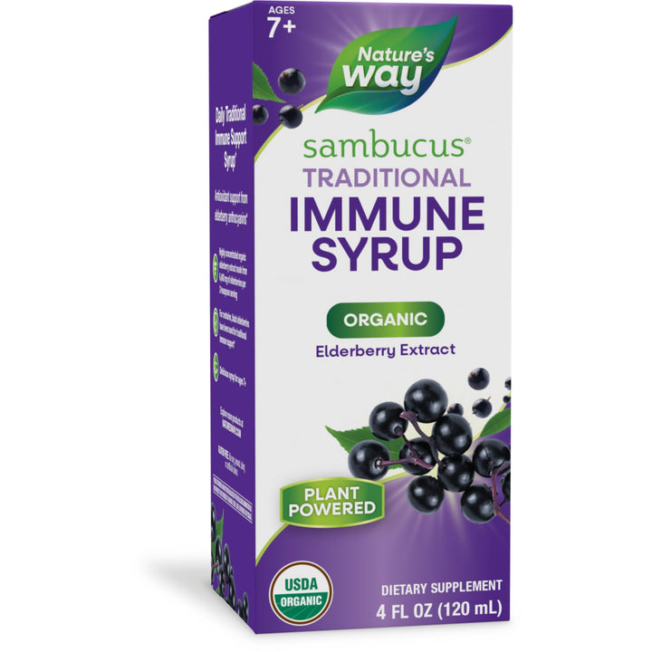 Nature&#39;s Way Sambucus Elderberry Traditional Immune Syrup for Ages 7+, Traditional Immune &amp; Antioxidant Support*, Organic Black Elderberry Extract, USDA Certified Organic, 4 Fl Oz (Packaging May Vary)