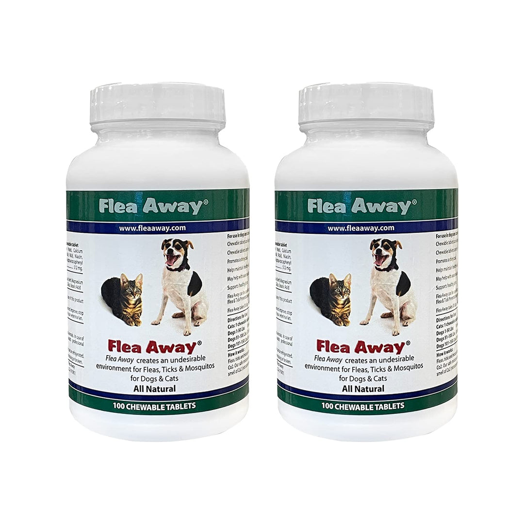 Flea Away All Natural Supplement for Fleas, Ticks, and Mosquitos Prevention for Dogs and Cats, 100 Chewable Treat Tablets, 2 Pack