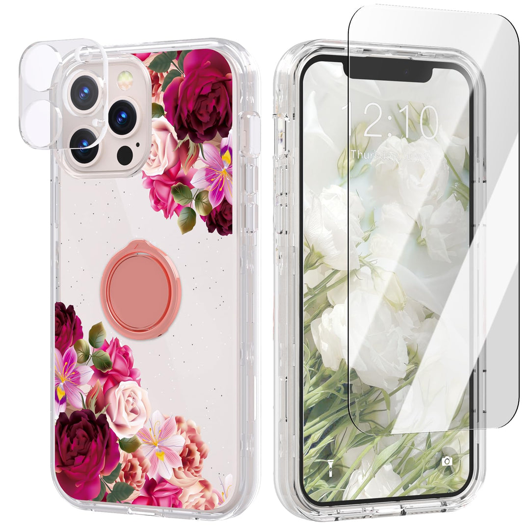 ACKETBOX for iPhone 13 Pro Max Case,with Screen Protector & Camera Lens Protector+Ring Bracket,Floral Phone Cover Designed for iPhone 13 Pro Max 6.7(Big Red Flower 01)