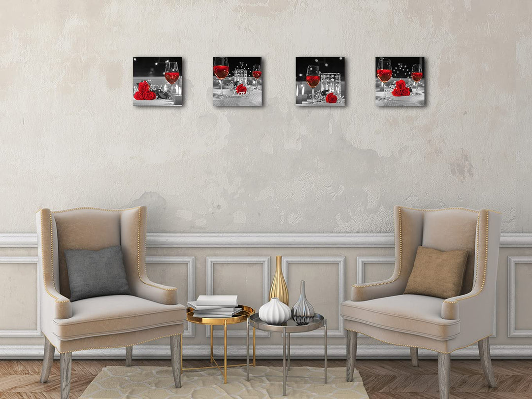 Kitchen Canvas Wall Art Prints Black and White Wine Rose Floral Painting Picture for Dining Room Restaurant Wall Decor (12x12-4Pcs, Red)