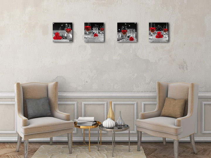 Kitchen Canvas Wall Art Prints Black and White Wine Rose Floral Painting Picture for Dining Room Restaurant Wall Decor (12x12-4Pcs, Red)