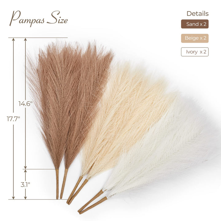 Pampas Grass Decor 17.7 Inch 6pcs Boho Decor, Faux Pampas Grass Living Room Party Home Decor, Natural Small Artificial Pampas Grass Vase Filler Centerpieces Arch Decor