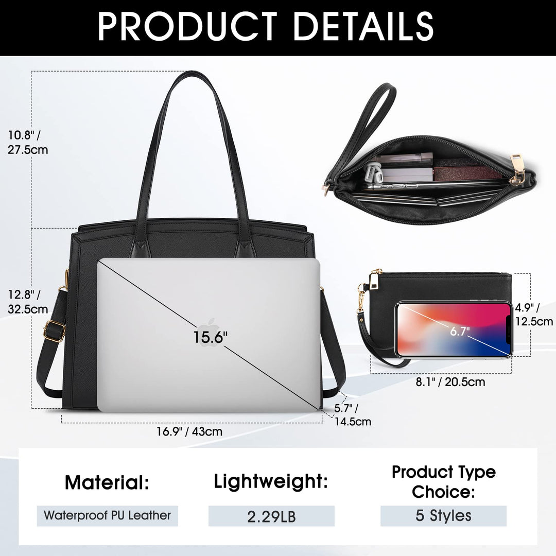 Laptop Bag for Women 15.6 Inch Laptop Tote Bags Waterproof Computer Bag Teacher Work Briefcase Large Capacity Leather Handbag Office Business Shoulder Bag 2PCS Plain Pattern